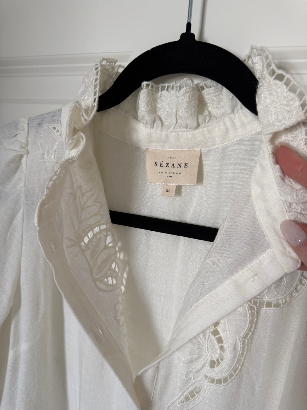 Sezane Cream Embroidered Linen Dress - Belted Shirt Dress - Picture 7 of 9